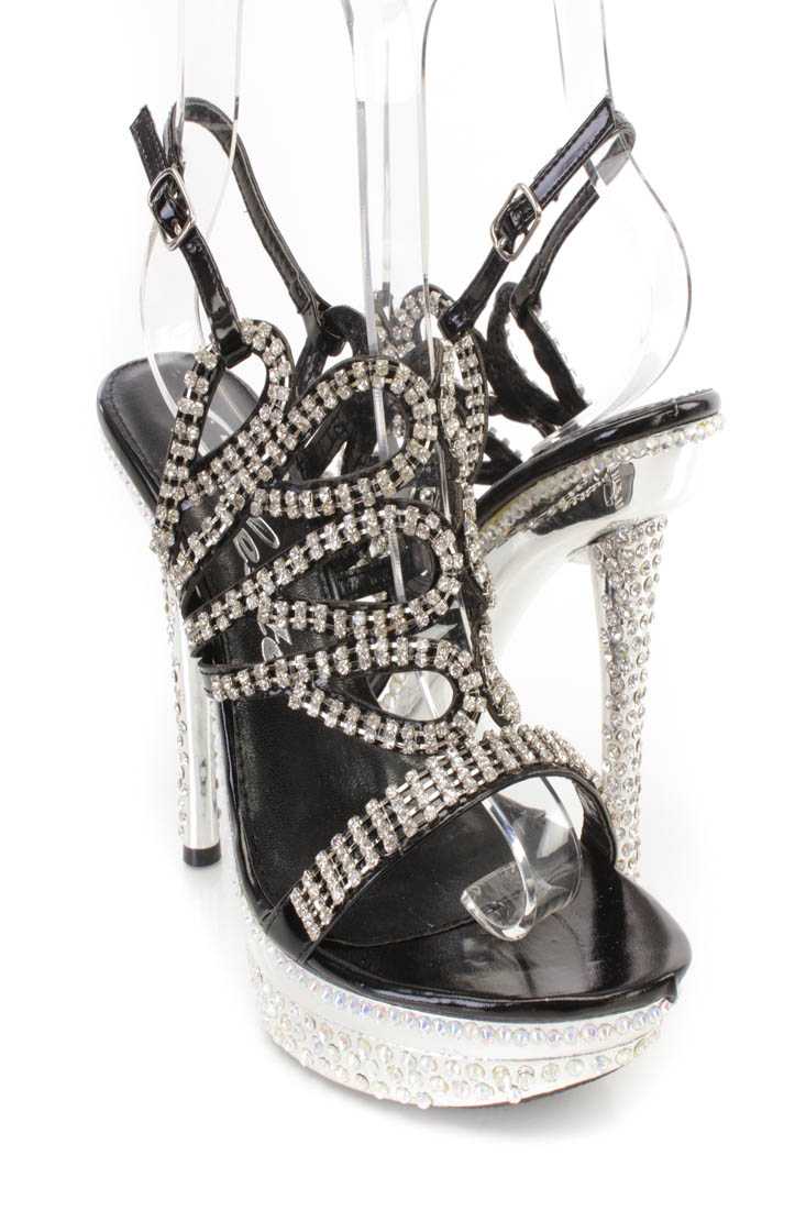 Black Rhinestone Strappy Platform High Heels Faux Leather