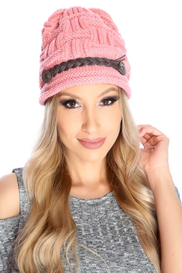 Dusty Pink Knitted Buttoned Braided Beanie