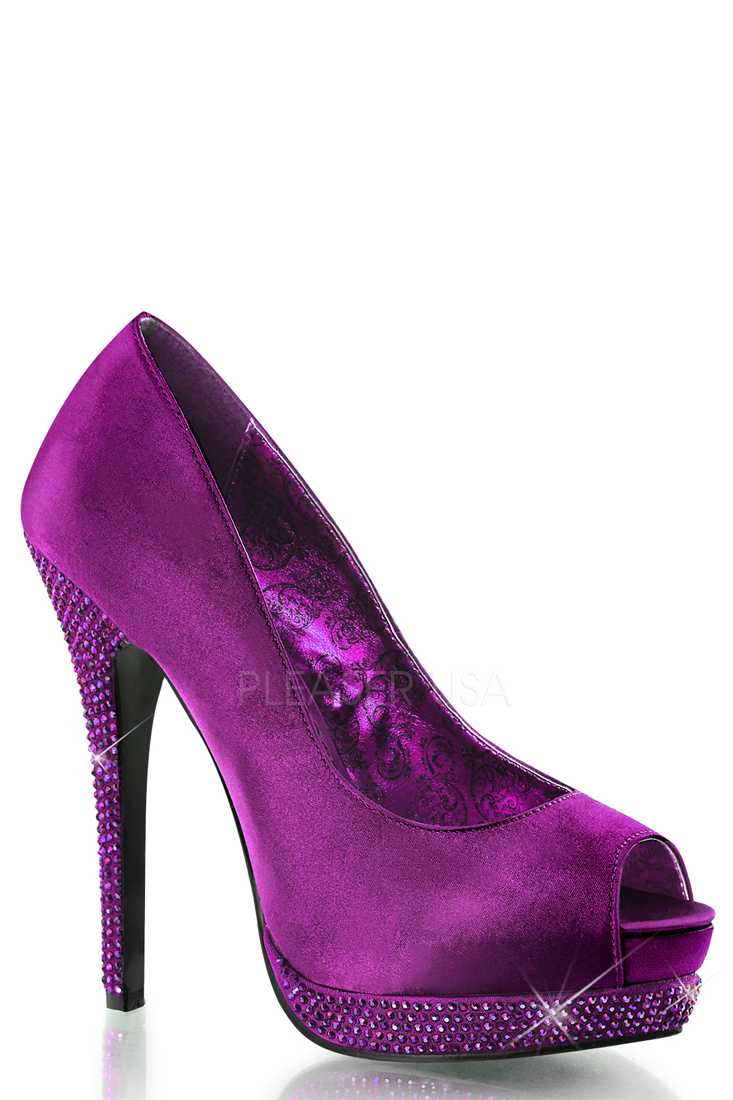 Purple Peep Toe Rhinestone Platform Pump High Heels Satin