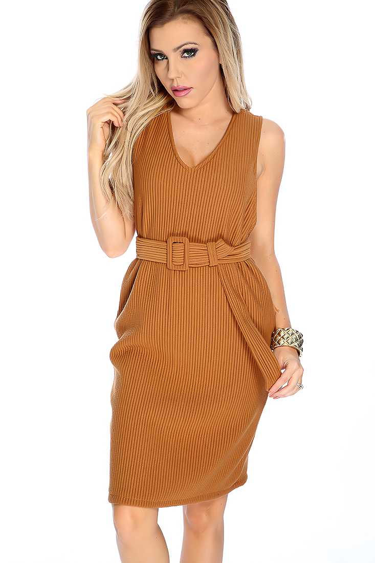 Sexy Camel Sleeveless Ribbed Party Dress
