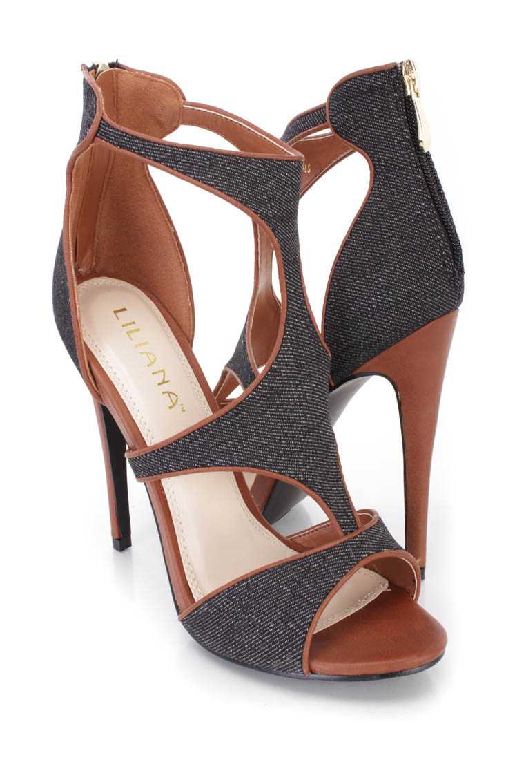 Black Peep Toe Cut Out Single Sole Heels Canvas