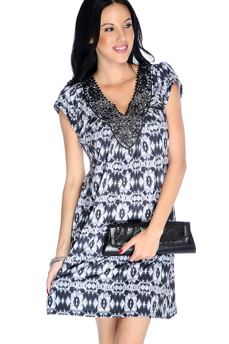 Black Grey Short Sleeve Watercolor Studded Crochet Trim Casual Dress