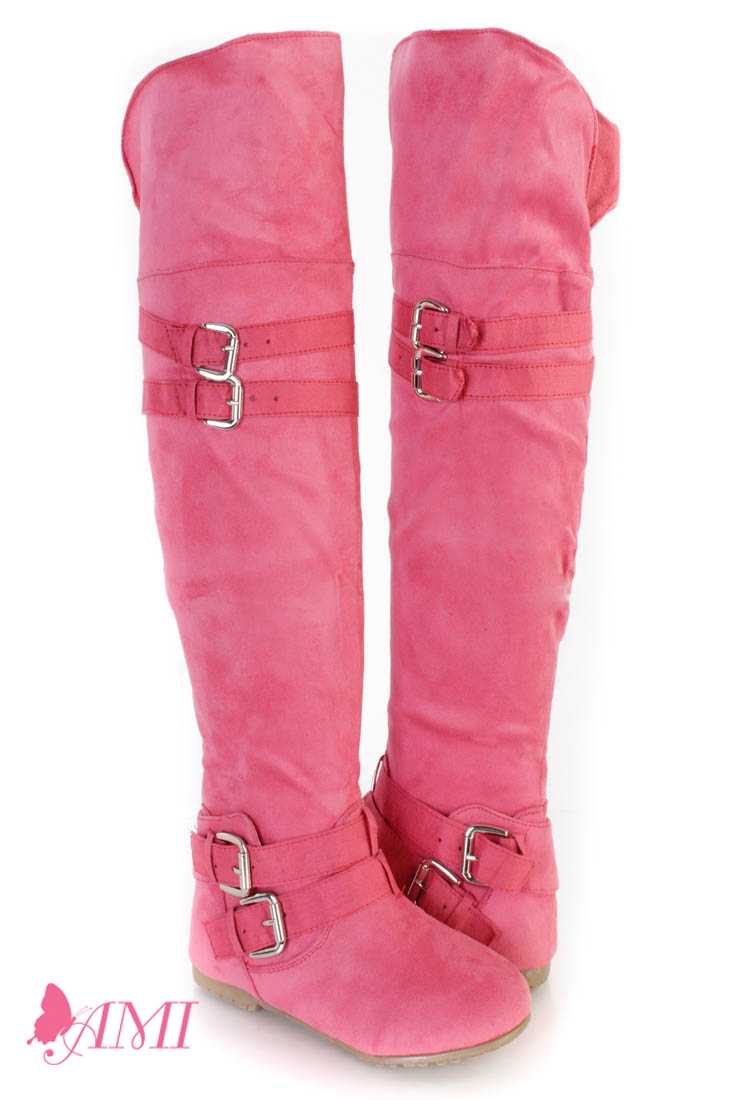 Coral Buckle Accents Thigh High Flat Boots Faux Suede