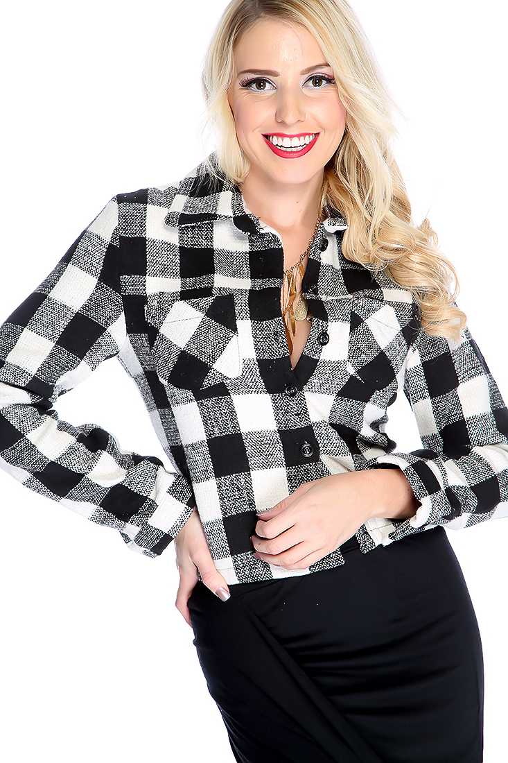 White Black Cropped Flannel Jacket