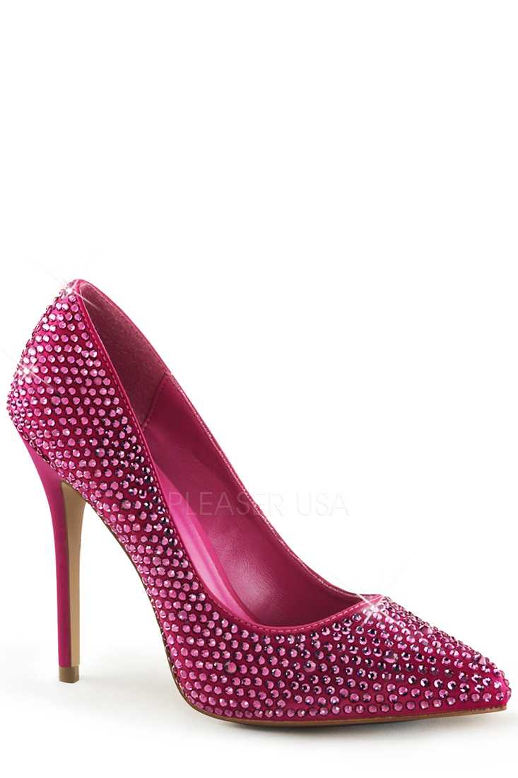 Hot Pink Rhinestone Single Sole Pump High Heels Satin