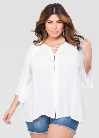 Gauze Button Front Peasant Top
