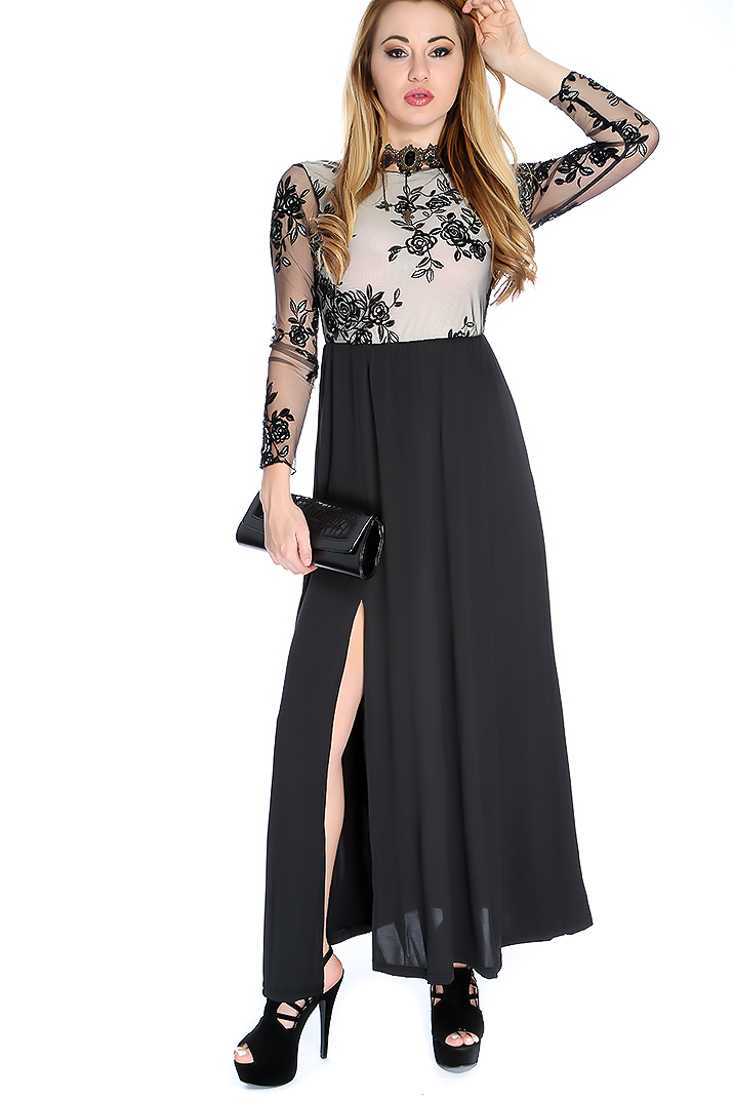 Sexy Black Shimmer Floral Overlay Front Slit Maxi Prom Dress