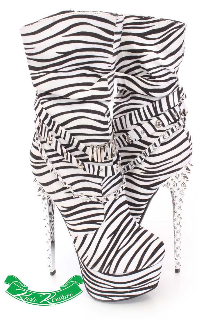 Zebra Slouchy Strappy Spiked Boots Faux Suede