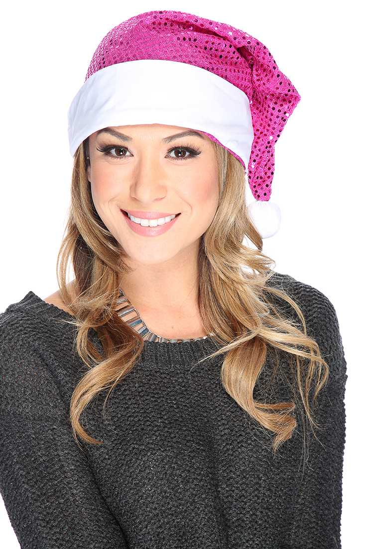 Fuchsia White Sequin Cute Santa Hat