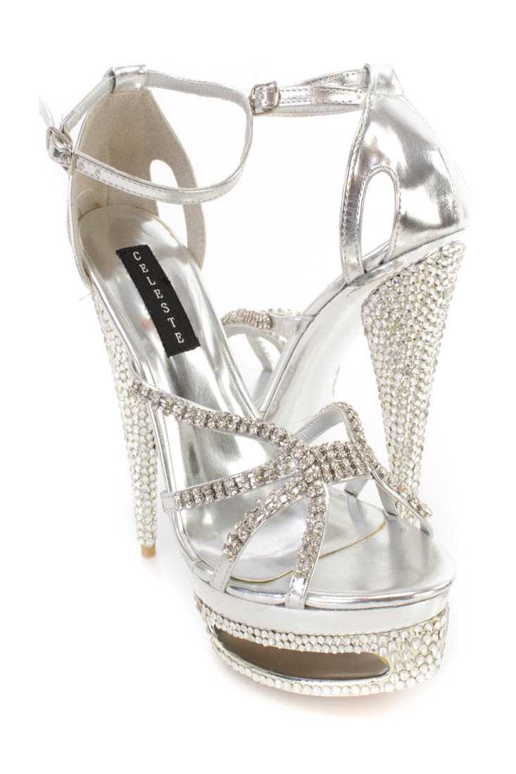 Silver Rhinestone Strappy Platform 6 Inch High Heels Faux Leather