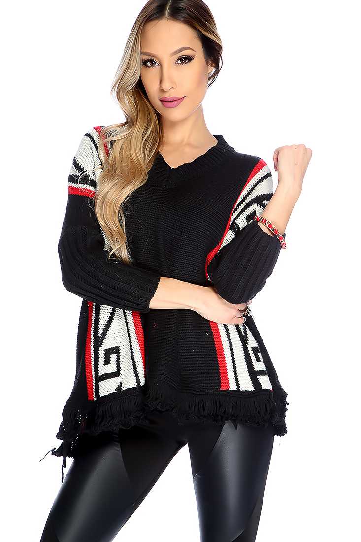 Black Quarter Sleeve Tribal Knit V Neck Fringe Hem Sweater