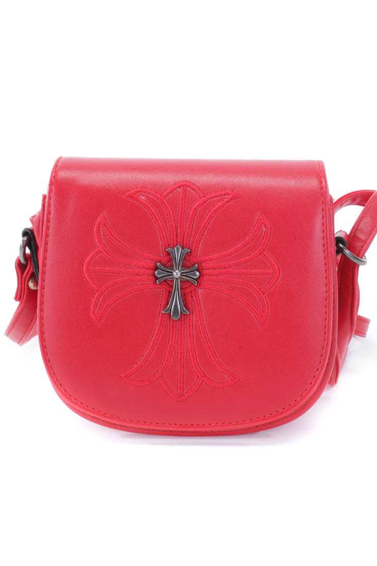 Red Faux Leather Cross Strap Cross Pendent Mini Handbag