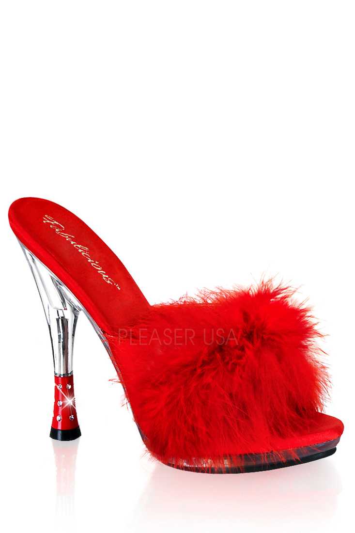 Red Marabou Trim Cone Slipper High Heels Satin