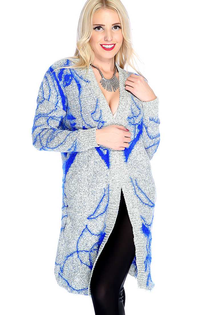 Royal Blue Grey Two Tone Long Sleeves Faux Fur Detailing Open Front Sweater
