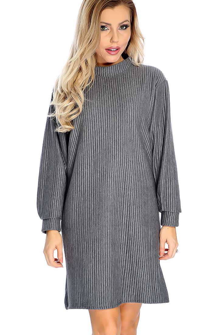 Sexy Charcoal Ribbed Long Sleeve Sweater Dress