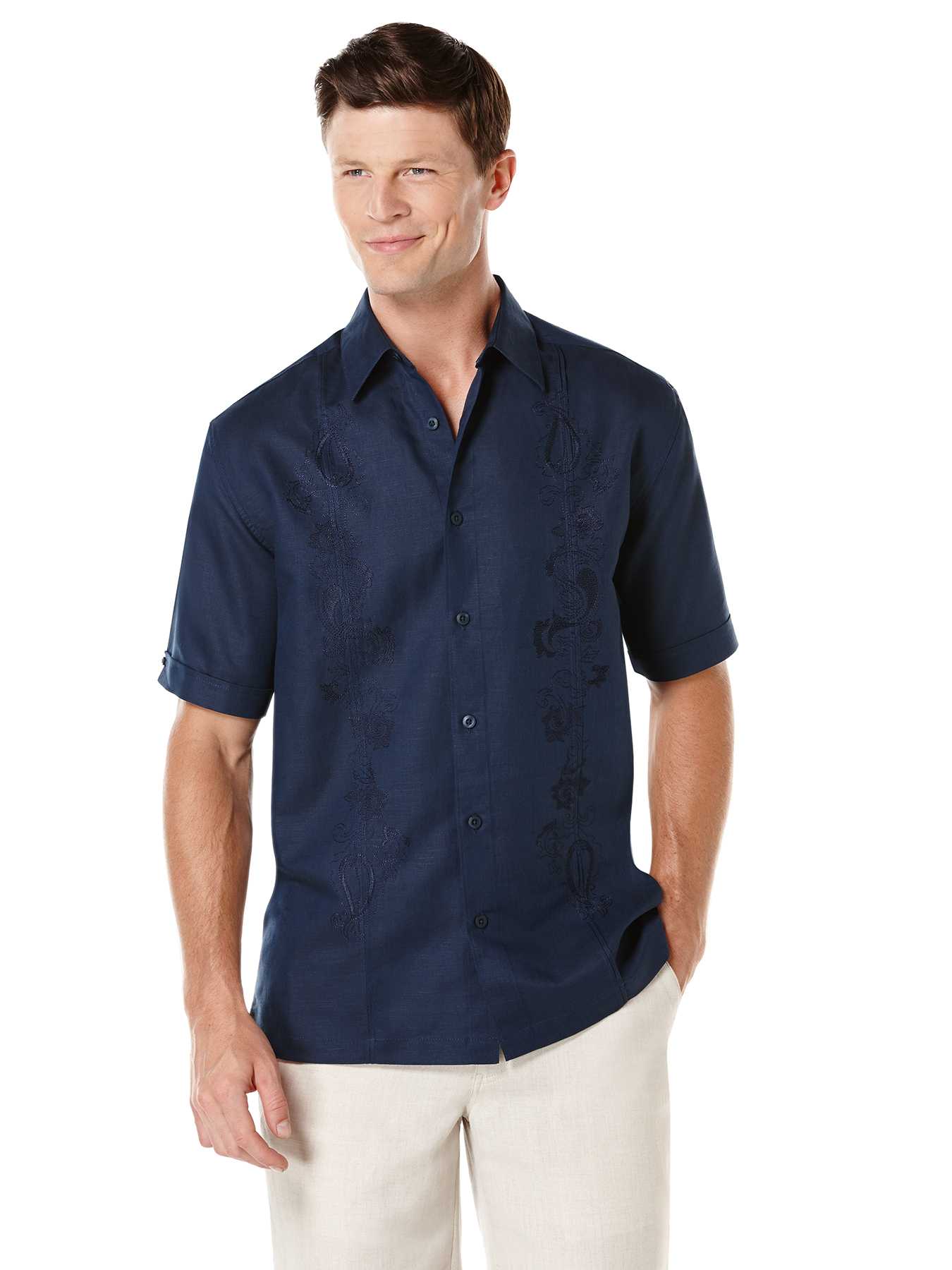Cubavera Linen Short Sleeve Pin Tuck  With Paisley Embroidery