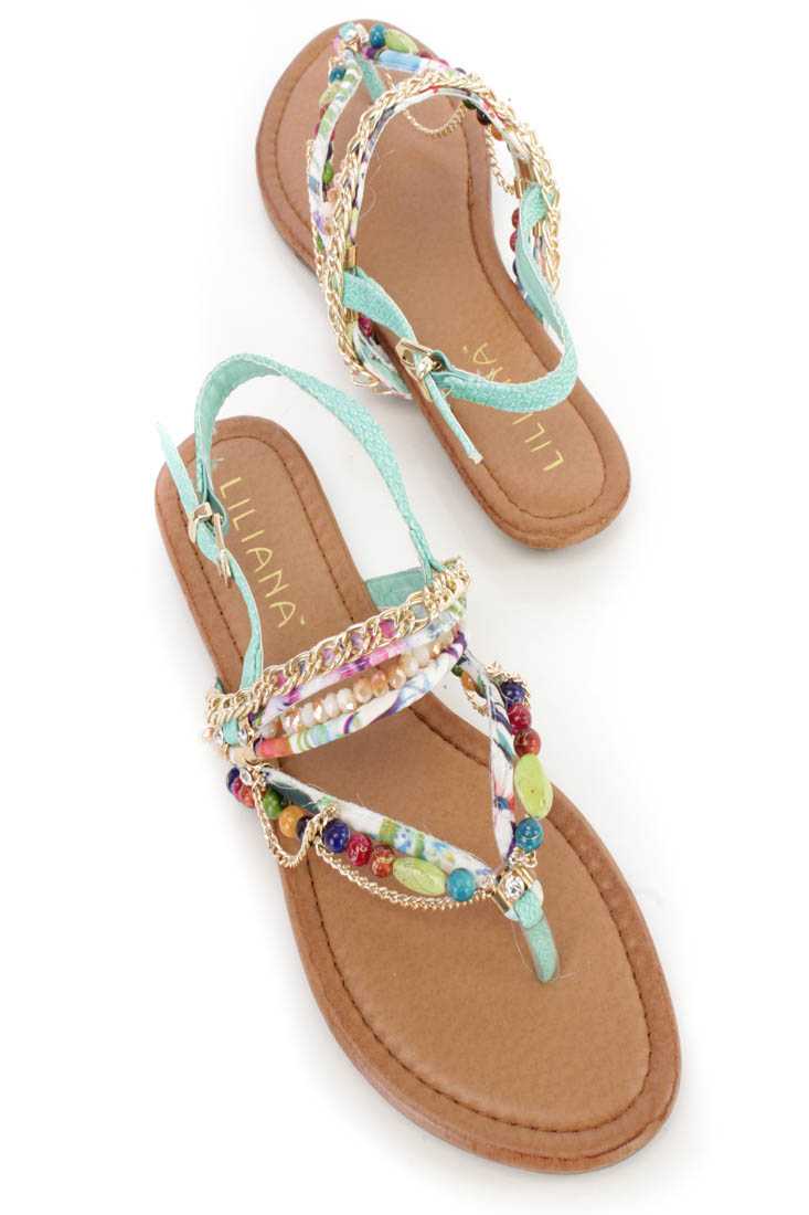 Mint Beaded Strappy Thong Sandals Faux Leather