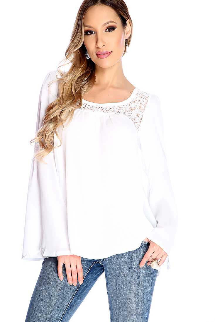 White Long Sleeve Floral Lace Detail Dressy Top