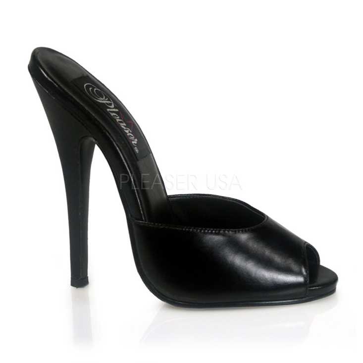 Black Leather Slip On Peep Toe High Heels