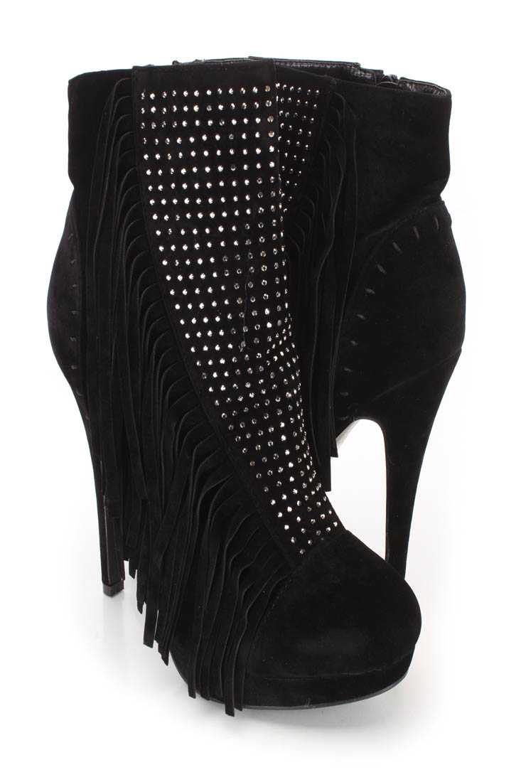 Black Rhinestone Fringe Ankle Booties Faux Suede
