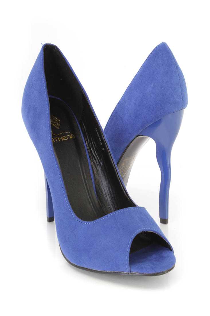 Royal Blue Peep Toe Single Sole Pump High Heels Faux Suede