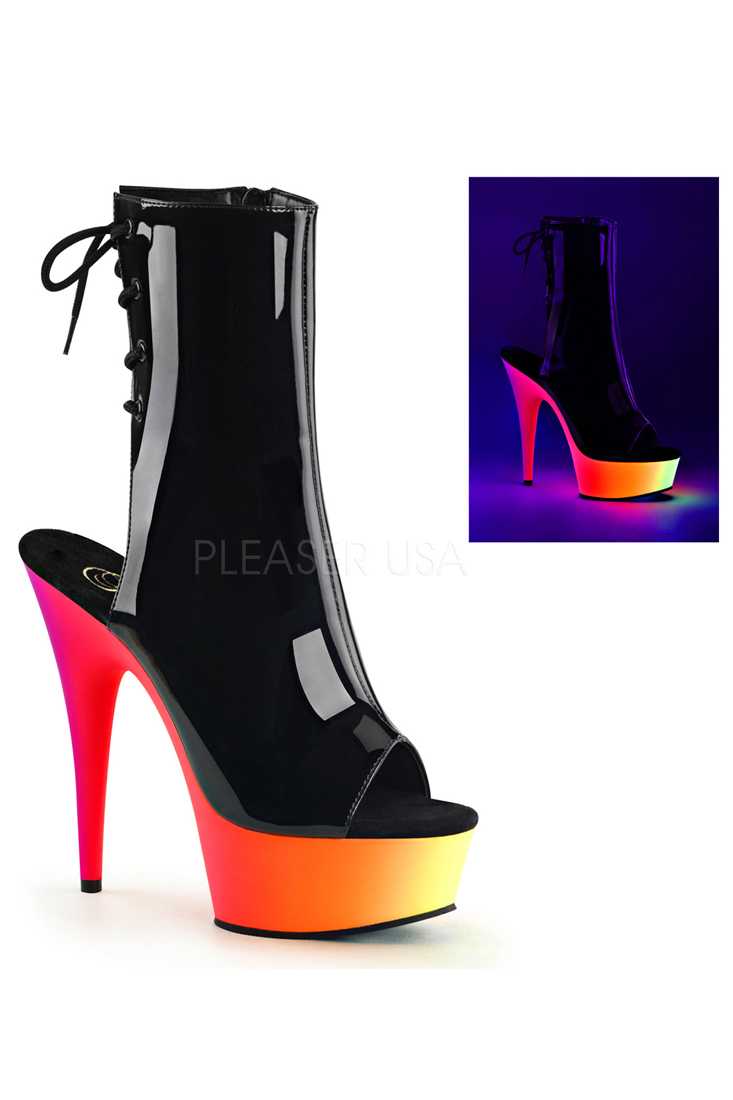 Black Lace Up Neon UV Platform Booties Patent