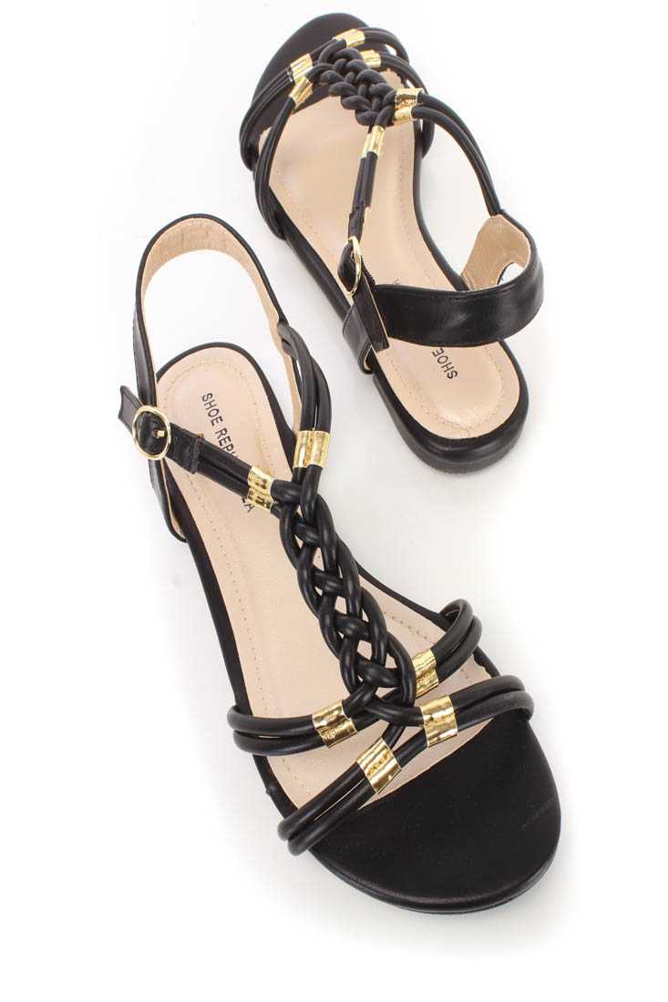 Black Braided Strappy Sandals Faux Leather