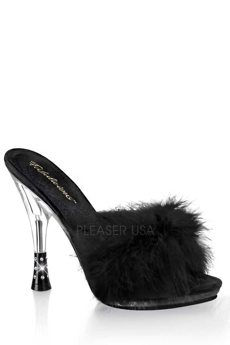 Black Marabou Trim Cone Slipper High Heels Satin