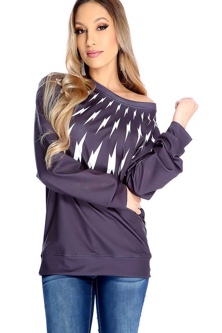 Black Long Sleeve Lightning Bolt Print Sweater Top