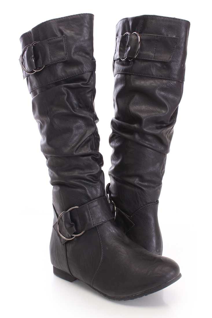 Black Buckle Accents Slouchy Boots Faux Leather