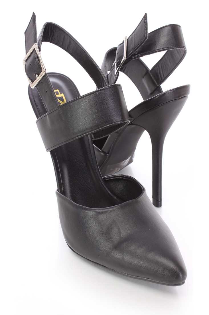 Black Pointed Toe Single Sole High Heels Faux Leather