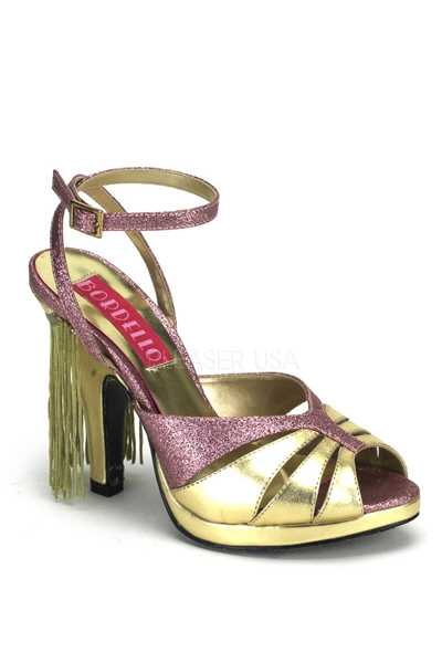 Baby Pink Gold Glitter Faux Leather Peep Toe Fringe High Heels