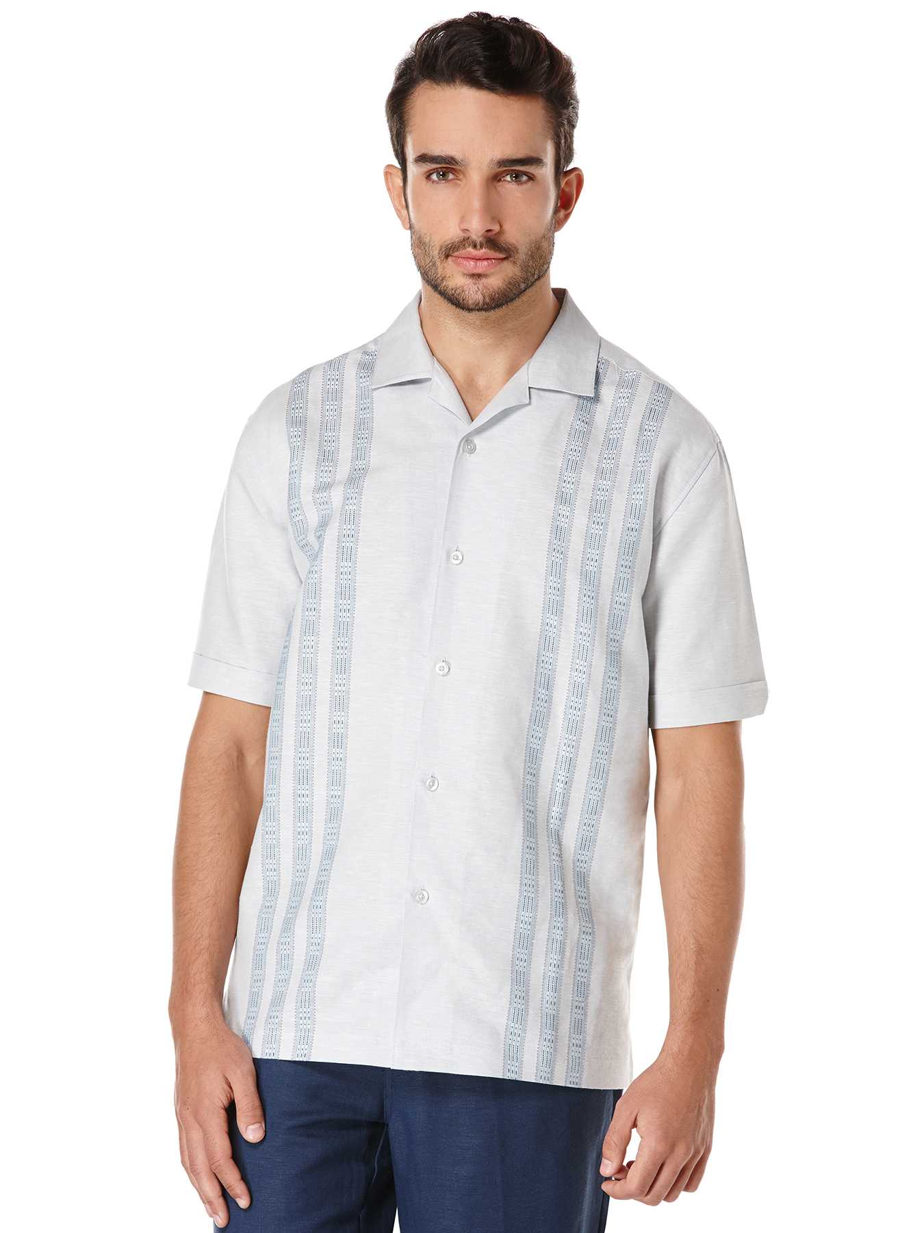 Cubavera Linen Short Sleeve Engineered Dobby Panel Stripe