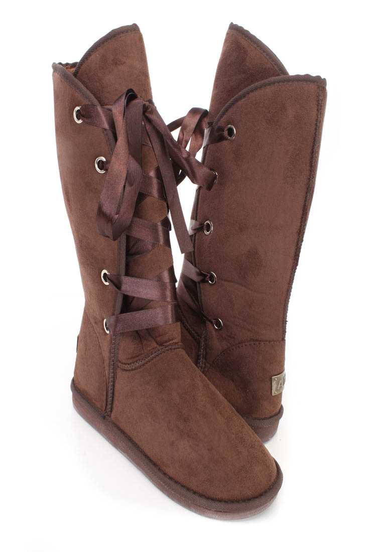 Brown Lace Up Round Close Toe Flat Winter Boots Faux Fur