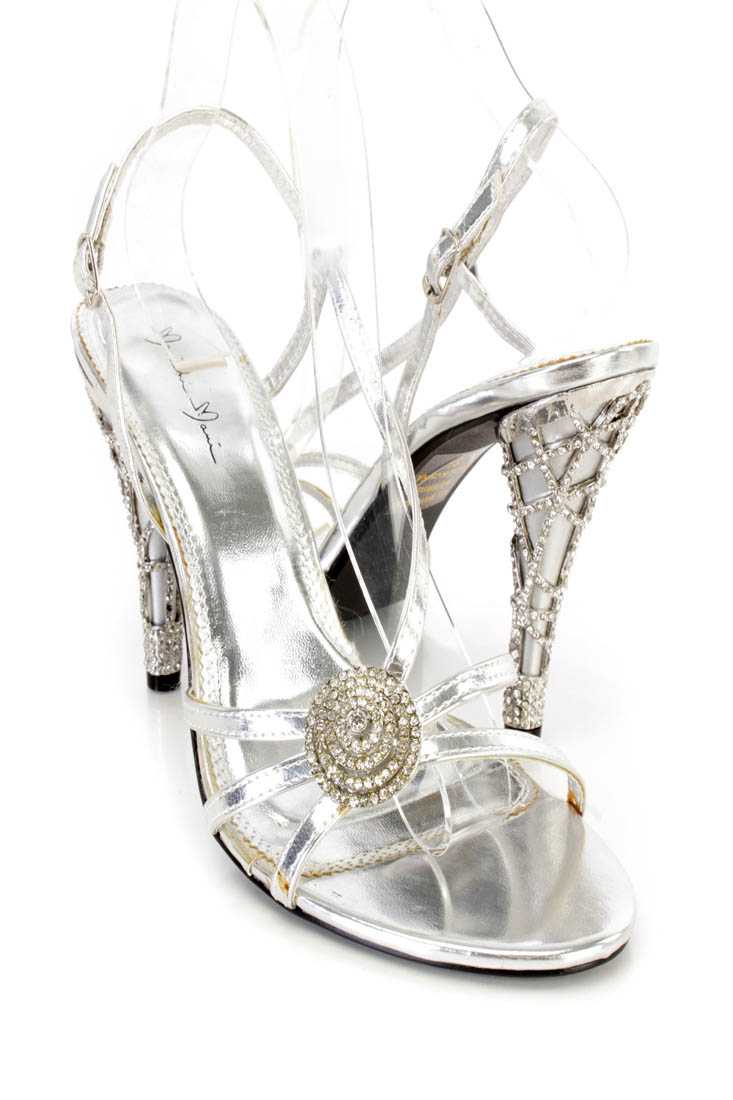 Silver Rhinestone Strappy Single Sole Heels Faux Leather
