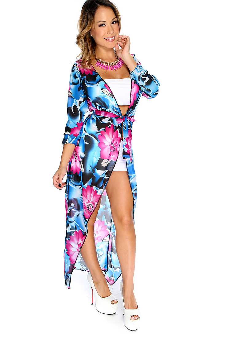 Fuchsia Blue Lightweight Fabric Floral Print Robe