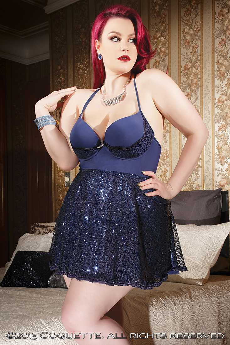 Navy Microfiber Mesh Sequin Babydoll Plus Size
