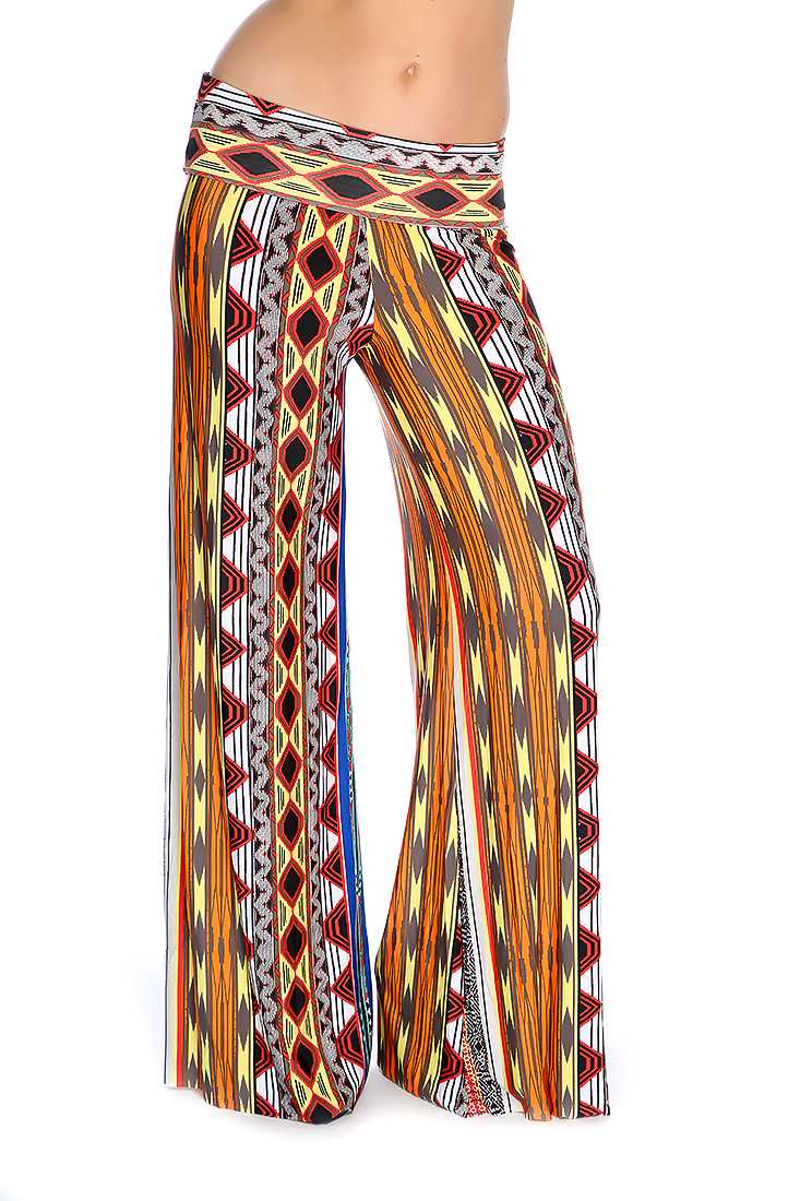 Yellow Orange Moroccan Print Wide Leg Cute Casual Pants
