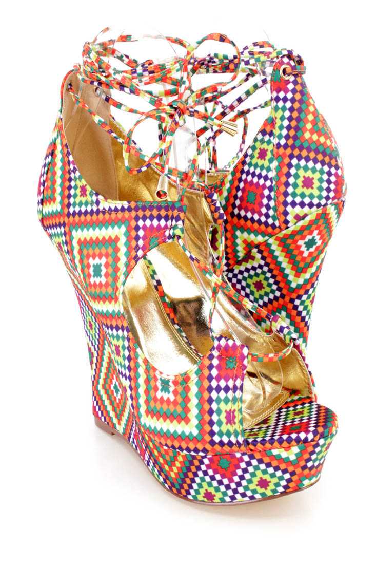 Multi Peep Toe Wrap Around Platform Wedges Fabric