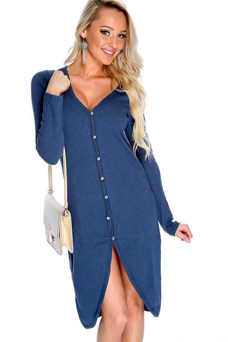 Sexy Slate V-neck Button Up Tulip Long Sleeve Sweater Dress
