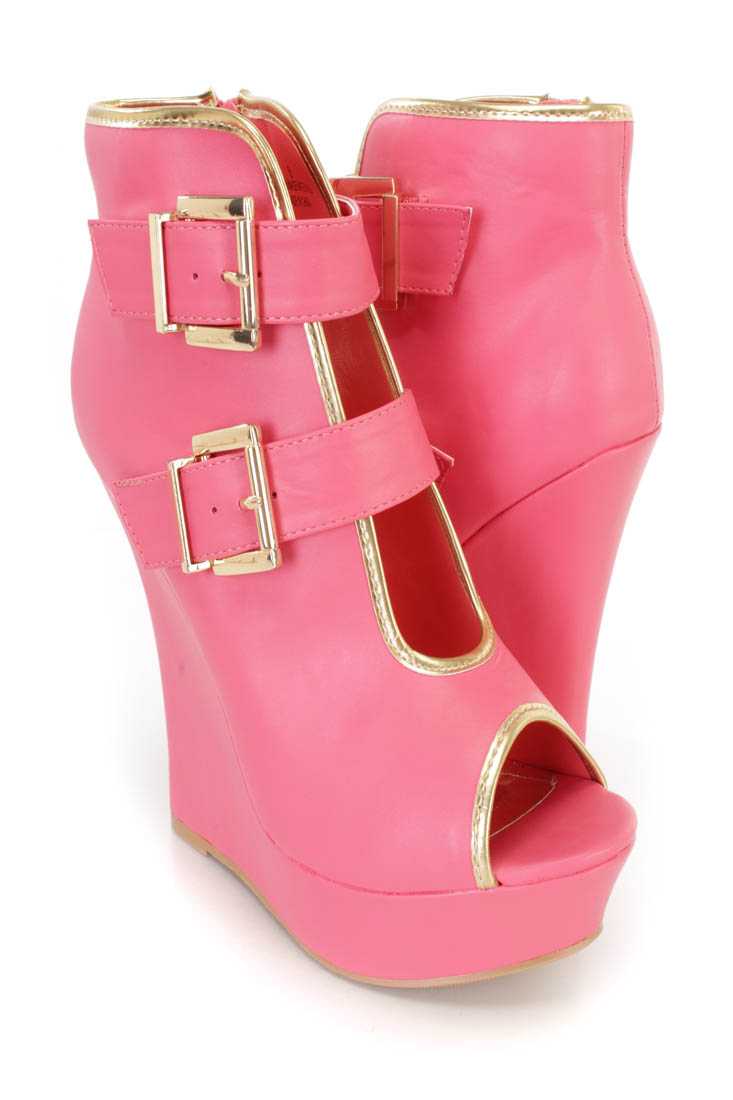 Coral Buckle Accents Peep Toe Platform Wedges Faux Leather
