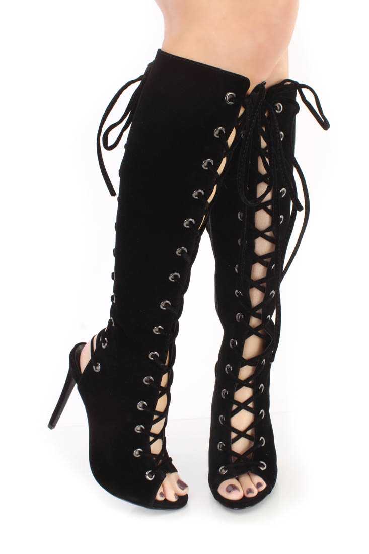 Black Lace Up Peep Toe Knee High Heel Boots