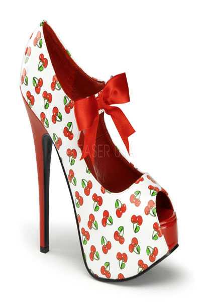 White Red Patent Cherry Printed Peep Toe High Heels