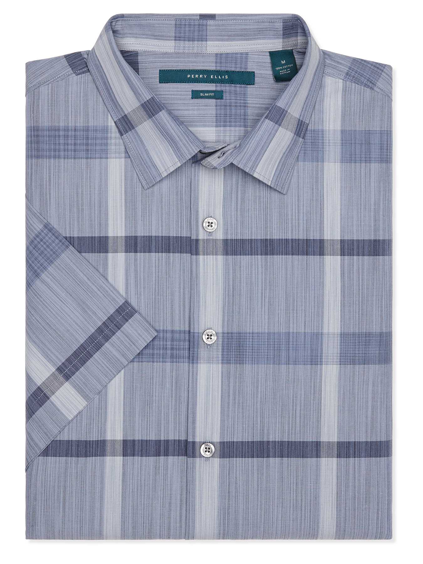 Perry Ellis Slim Fit Short Sleeve Large Plaid Shirt