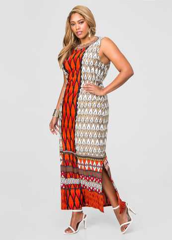 Beaded Neck Geo Maxi Dress