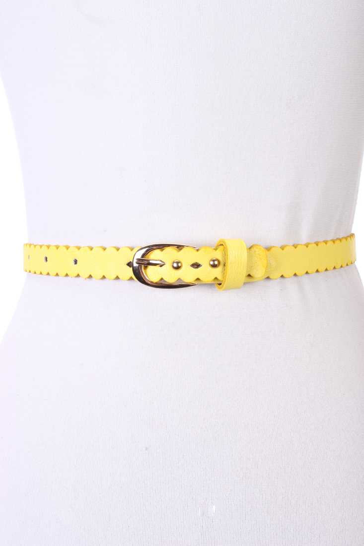 Yellow Faux Leather Floral Cutout Studded Buckle Closure Textured Belt
