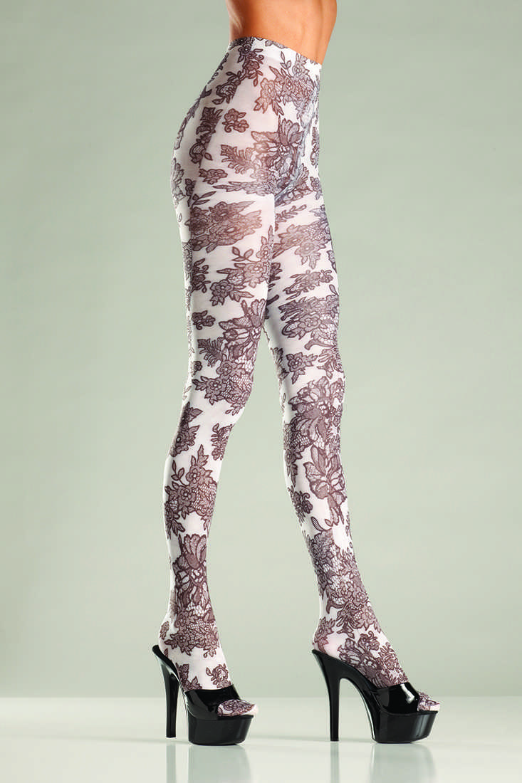 White Opaque Floral Print Tights
