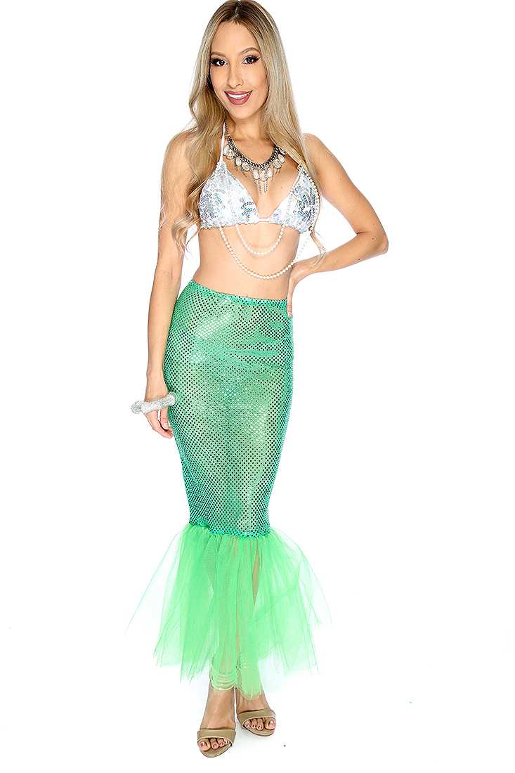 White Green Sequin Faux Pearl 2.Piece Mermaid Costume