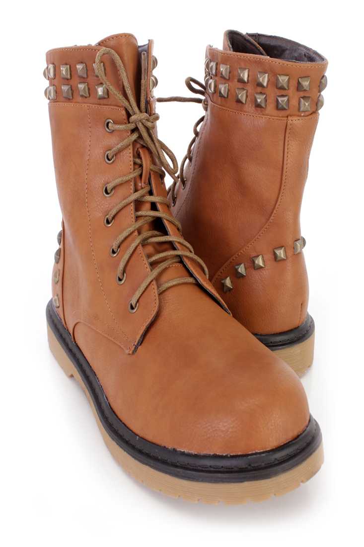 Camel Lace Up Studded Combat Boots Faux Leather