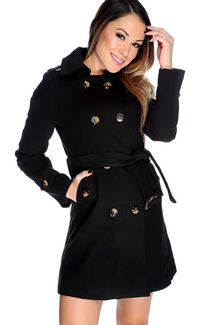 Black Button Up Front Long Sleeve Trench Coat